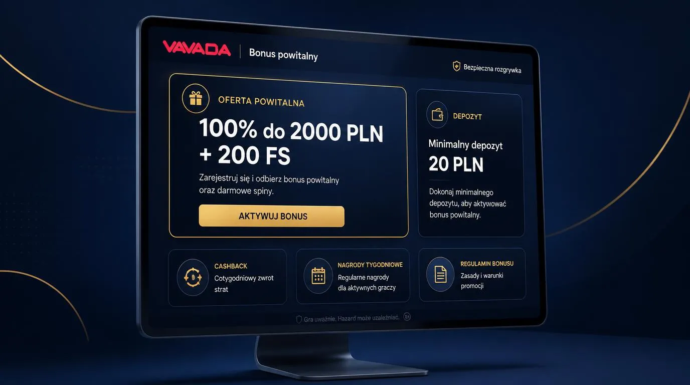 Panel bonusu powitalnego 100% do 2000 PLN i 200 FS obok informacji o minimalnym depozycie 20 PLN