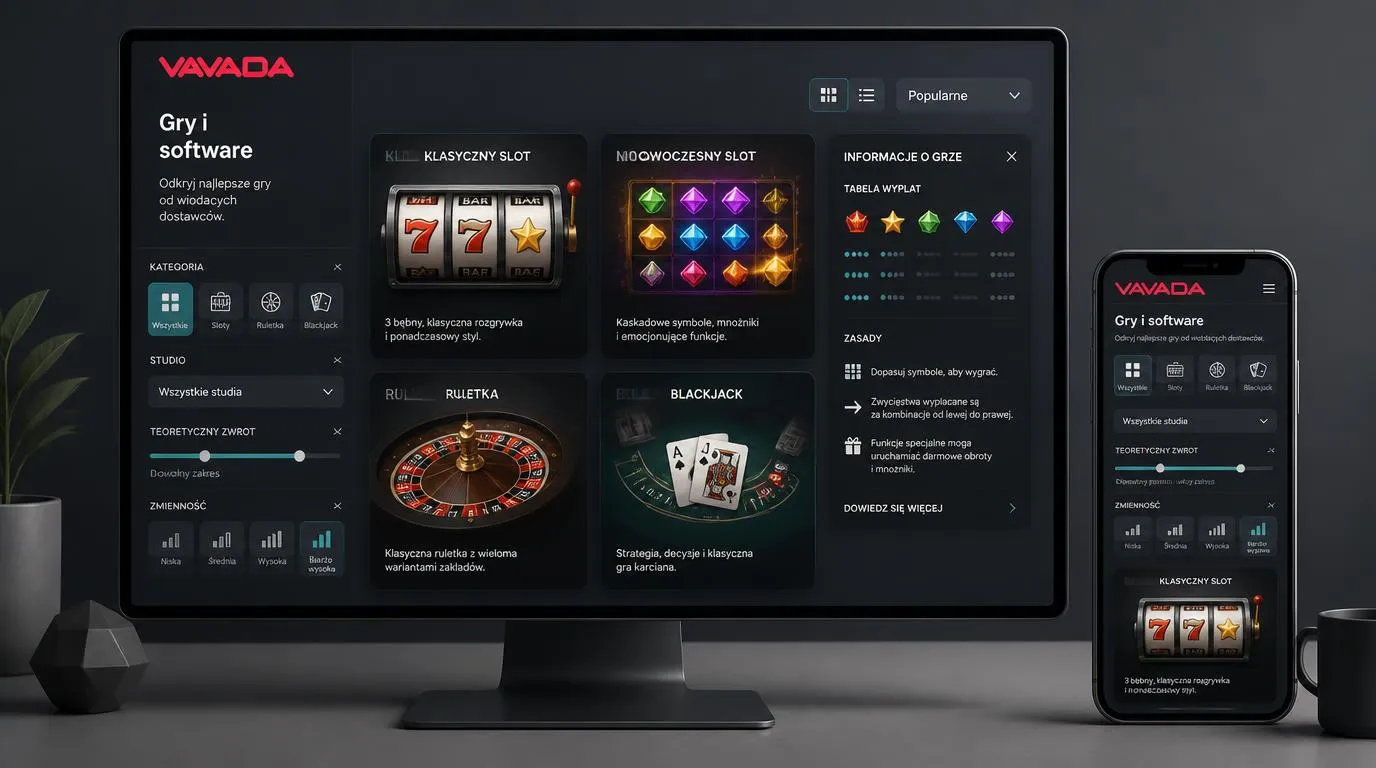 Ilustracyjne lobby kasynowe z automatami, ruletką i blackjackiem oraz filtrami parametrów gier