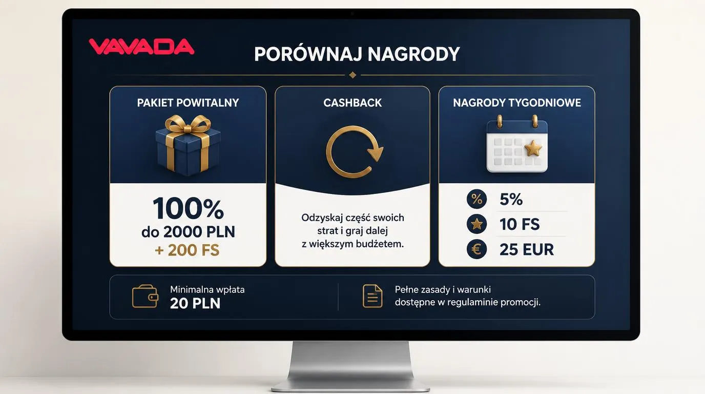 Panel bonusów z ofertą powitalną, cashbackiem i nagrodami tygodniowymi oraz informacją o depozycie 20 PLN