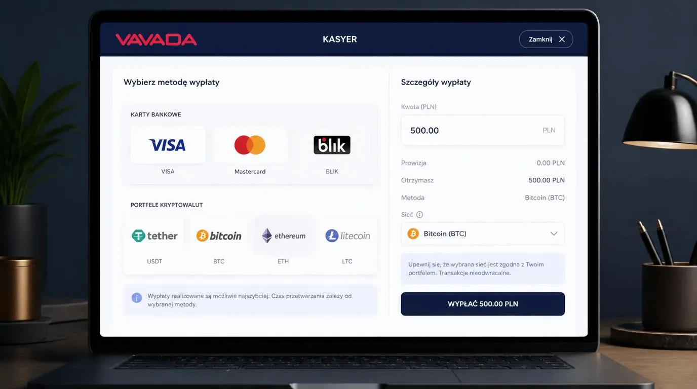 Panel kasjera z kartami płatniczymi, kryptowalutami i podsumowaniem wypłaty w PLN