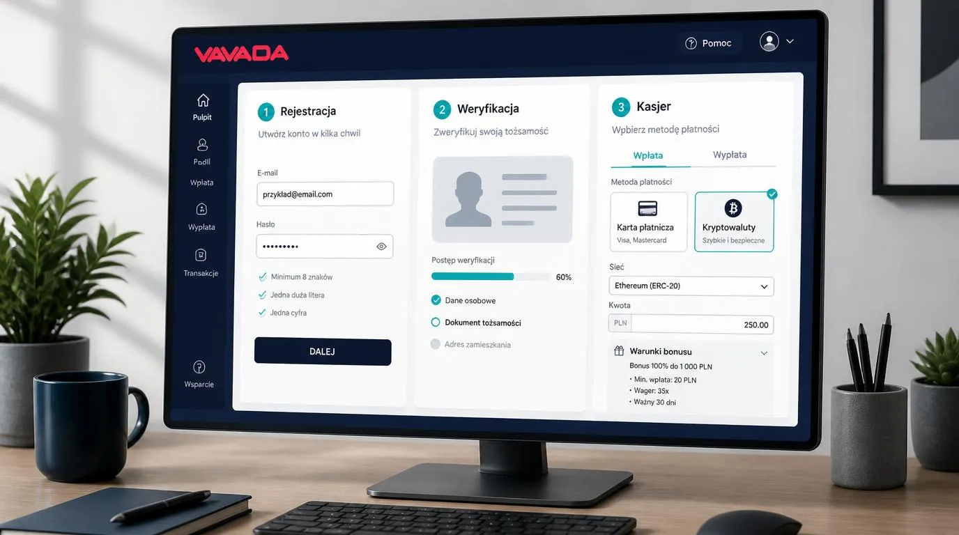 Panel rejestracji, weryfikacji tożsamości i kasjera z wyborem karty lub kryptowaluty